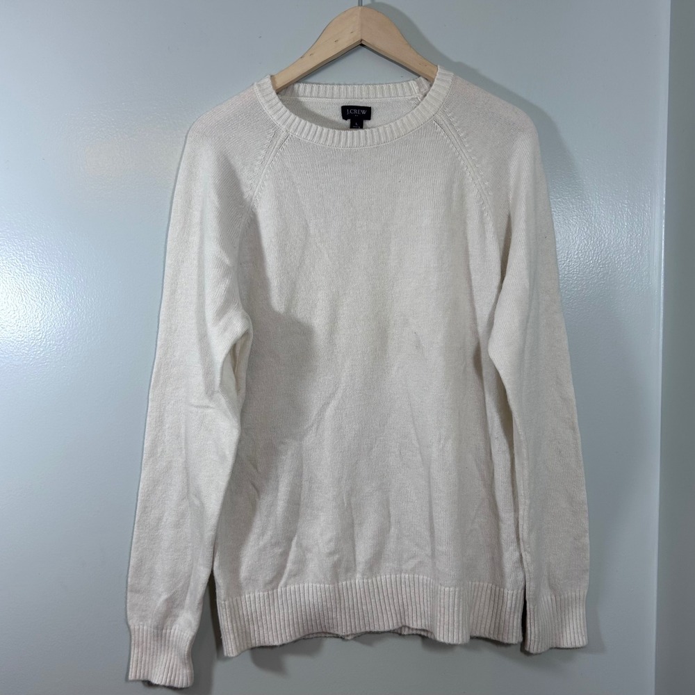 J.Crew Mens Ivory White Lambswool Blend Raglan Crewneck Sweater Size L
